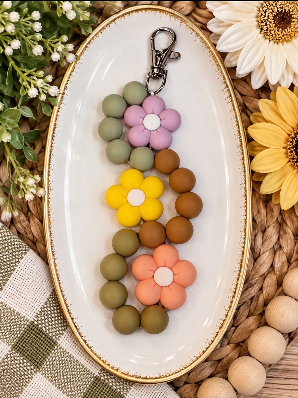 Hand Crafted Triple Floral Beaded Keychain